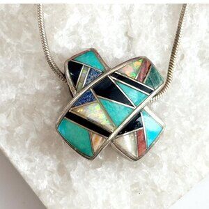 Multi-Stone Inlay Southwest Sterling Silver 925 Vintage Pendant Necklace - 16"